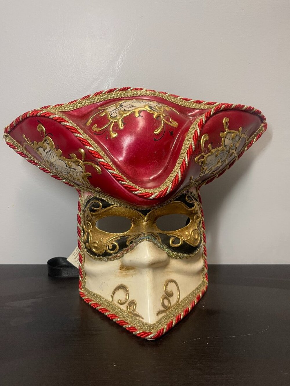 Maschera del Galeone Venetian Carnival Mask Hat Red Gold Handmade Italy Tricorn